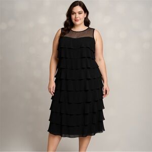 Patra Black Tiered Chiffon Cocktail Dress Sz 16 Ruffle Layers Beaded Mesh Party